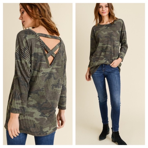Tops - Camo Ribbed Criss Cross Back Long Sleeve Top Tops - Camo Ribbed Criss Cross Back Long Sleeve Top